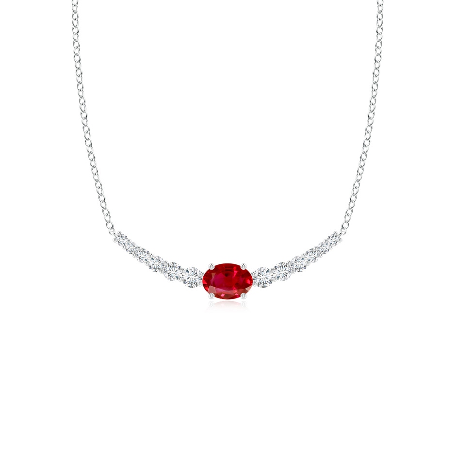 6x4mm AAA East-West Oval Ruby Curved Bar Necklace with Diamonds in White Gold 