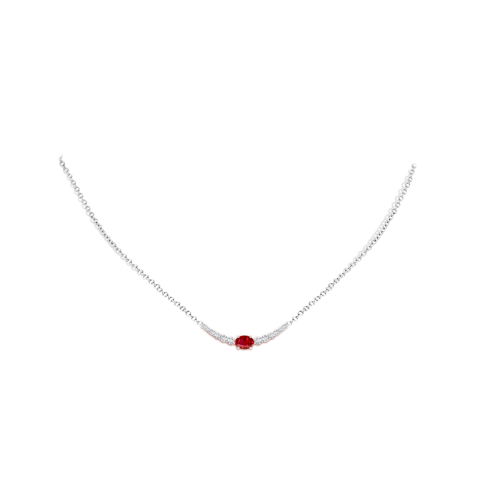 6x4mm AAA East-West Oval Ruby Curved Bar Necklace with Diamonds in White Gold body-neck