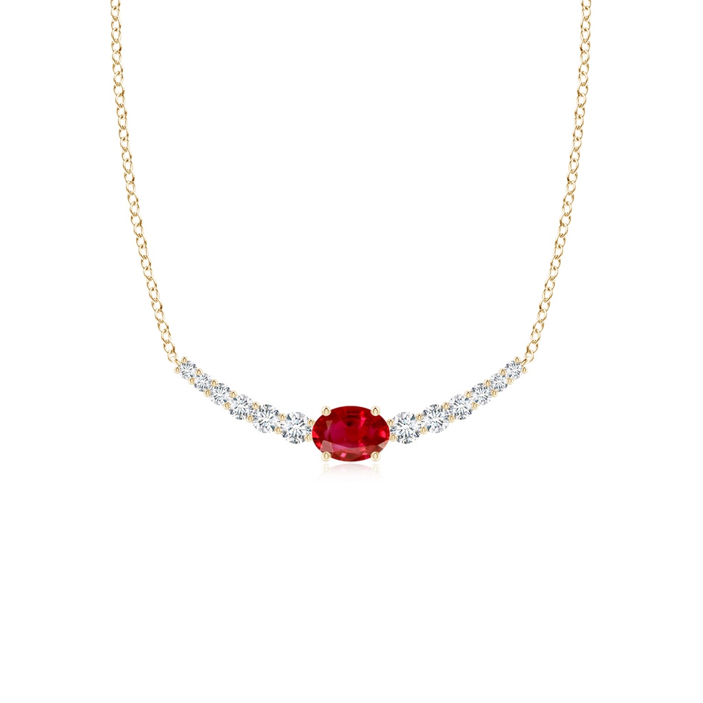 6x4mm AAA East-West Oval Ruby Curved Bar Necklace with Diamonds in Yellow Gold 