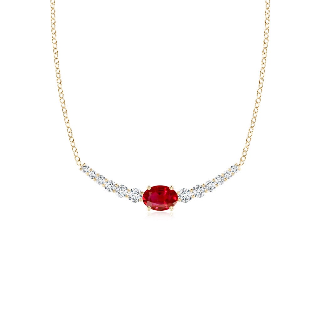 6x4mm AAA East-West Oval Ruby Curved Bar Necklace with Diamonds in Yellow Gold