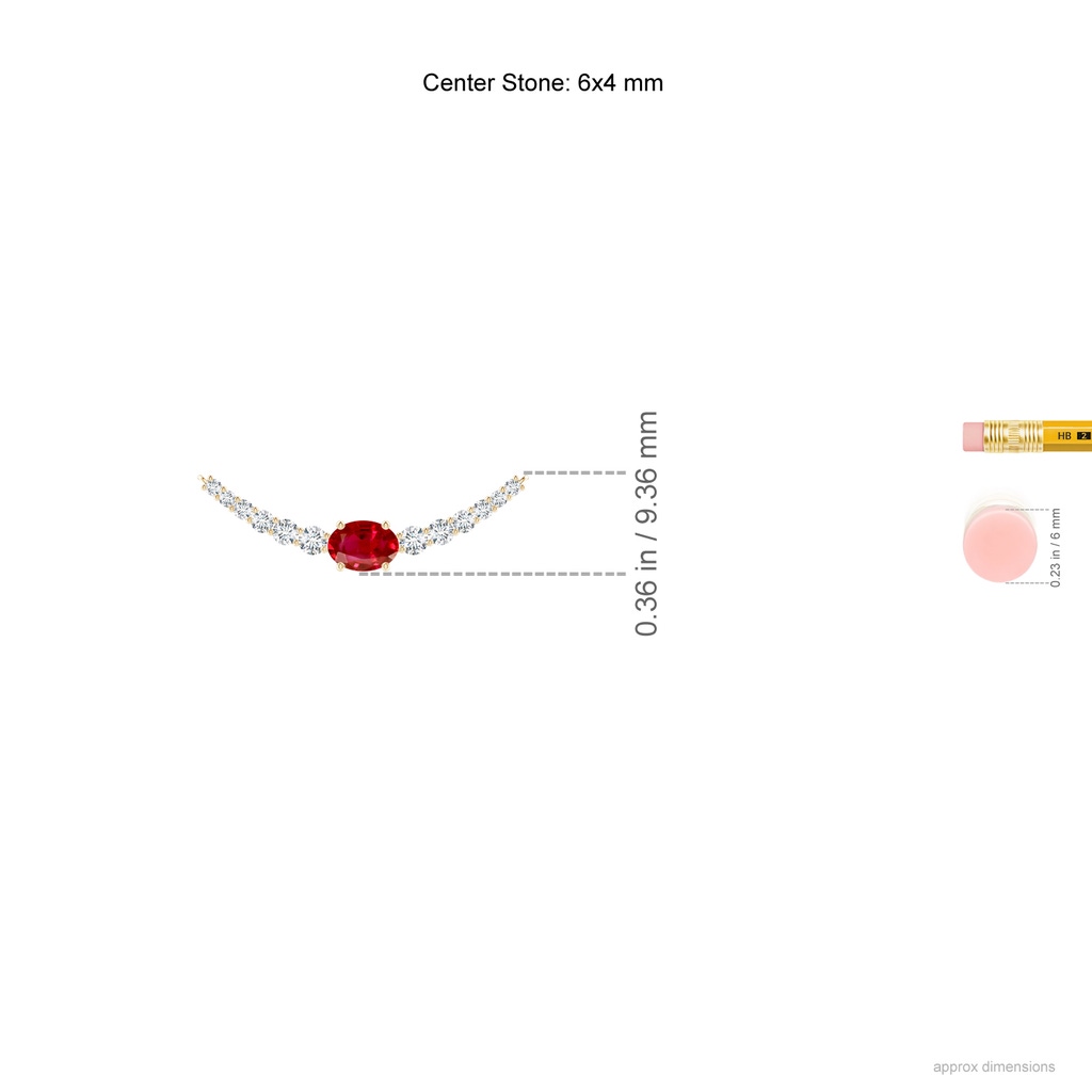 6x4mm AAA East-West Oval Ruby Curved Bar Necklace with Diamonds in Yellow Gold Ruler