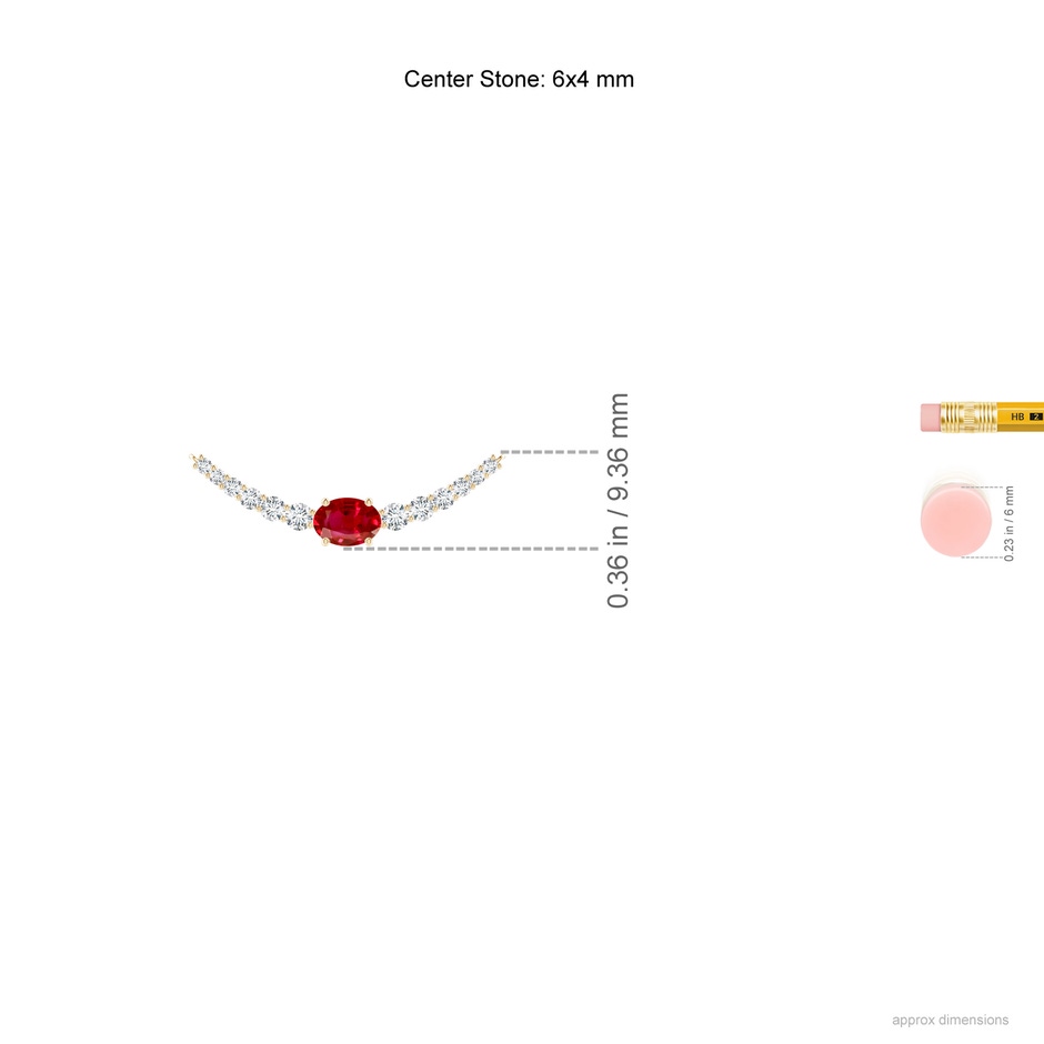 6x4mm AAA East-West Oval Ruby Curved Bar Necklace with Diamonds in Yellow Gold ruler