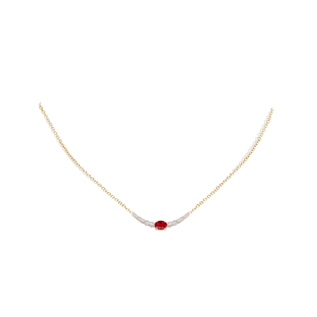 6x4mm AAA East-West Oval Ruby Curved Bar Necklace with Diamonds in Yellow Gold Body-Neck