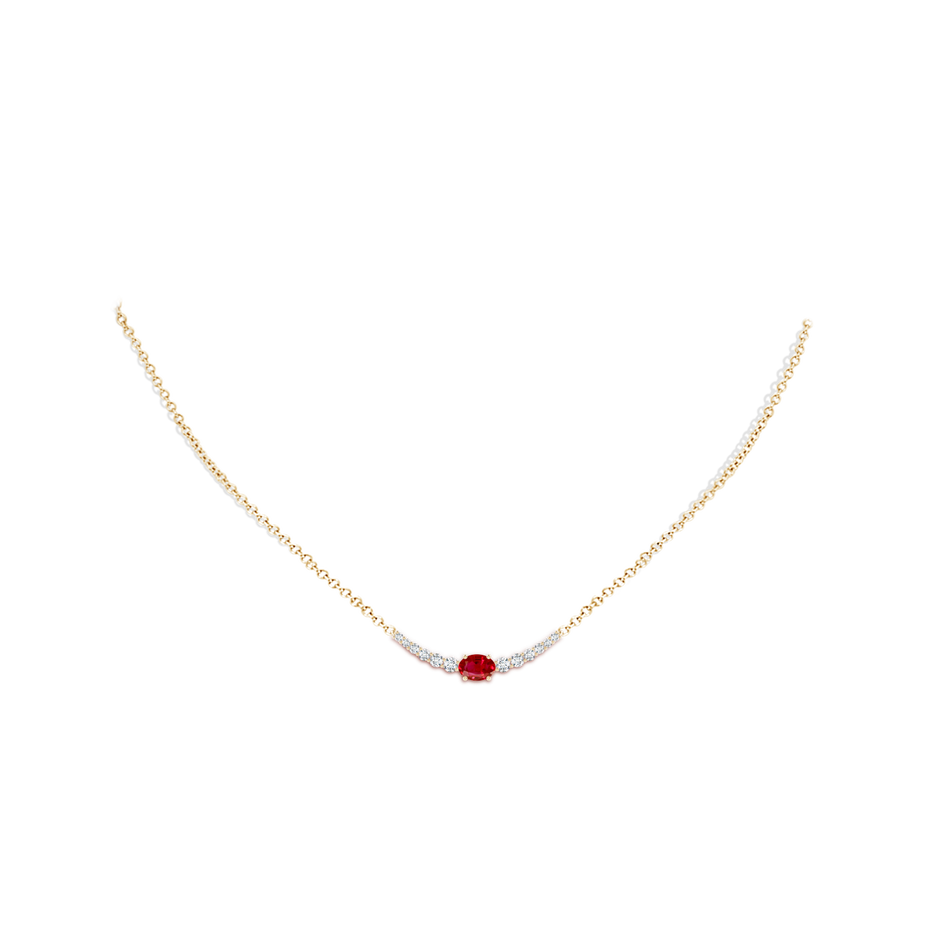 6x4mm AAA East-West Oval Ruby Curved Bar Necklace with Diamonds in Yellow Gold body-neck