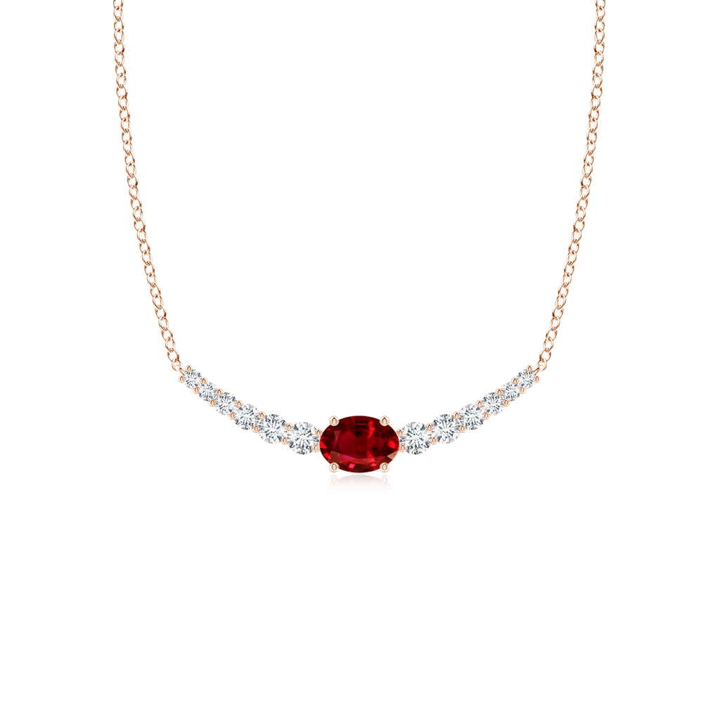 6x4mm AAAA East-West Oval Ruby Curved Bar Necklace with Diamonds in Rose Gold