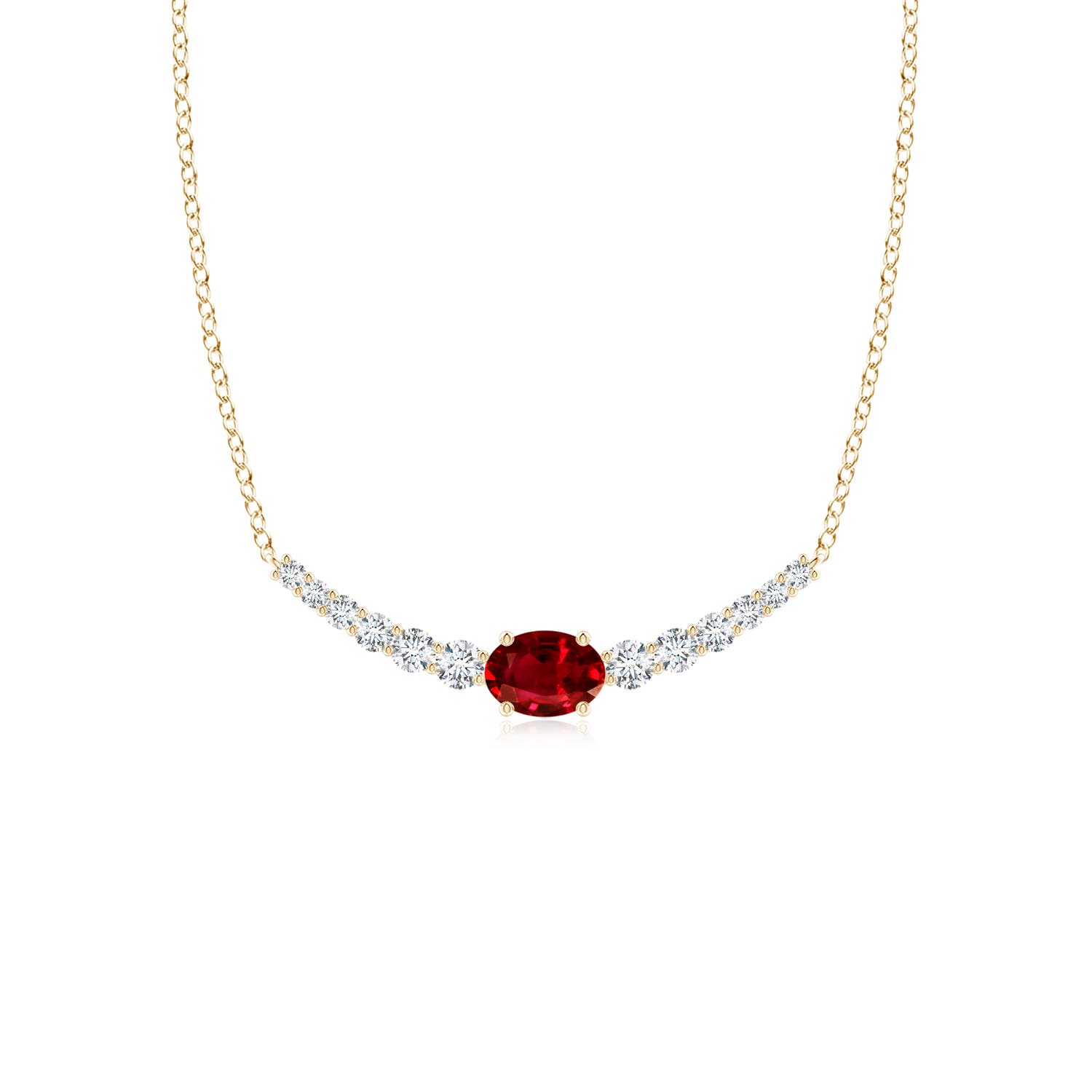 6x4mm AAAA East-West Oval Ruby Curved Bar Necklace with Diamonds in Yellow Gold