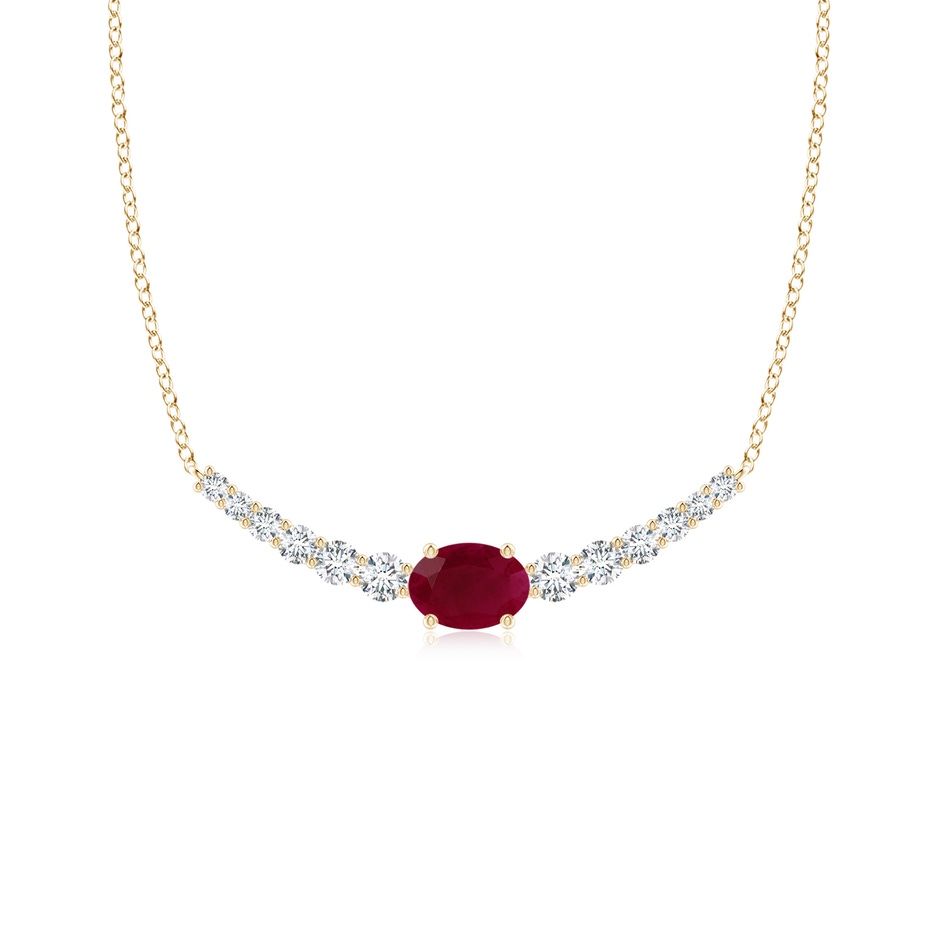 7x5mm A East-West Oval Ruby Curved Bar Necklace with Diamonds in Yellow Gold 
