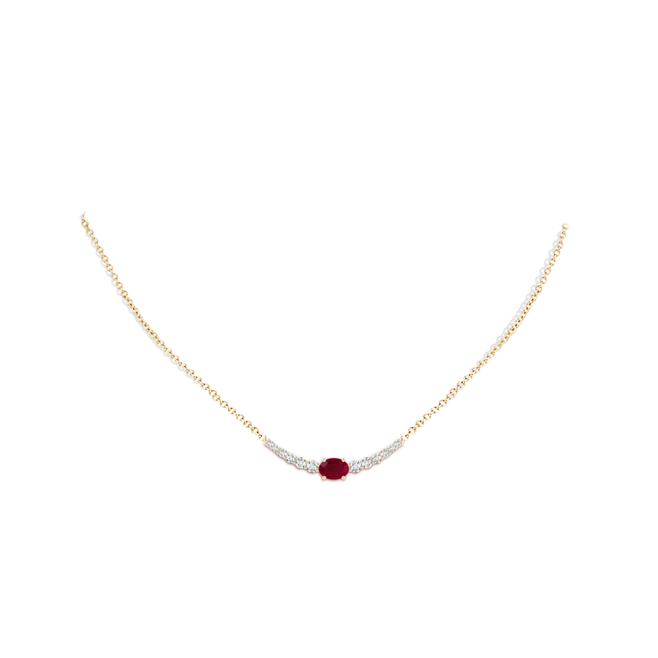 7x5mm A East-West Oval Ruby Curved Bar Necklace with Diamonds in Yellow Gold body-neck