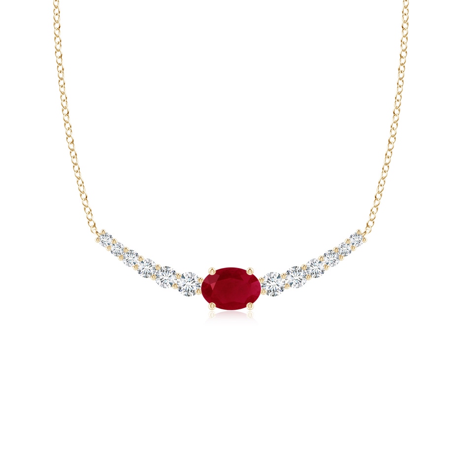7x5mm AA East-West Oval Ruby Curved Bar Necklace with Diamonds in Yellow Gold 
