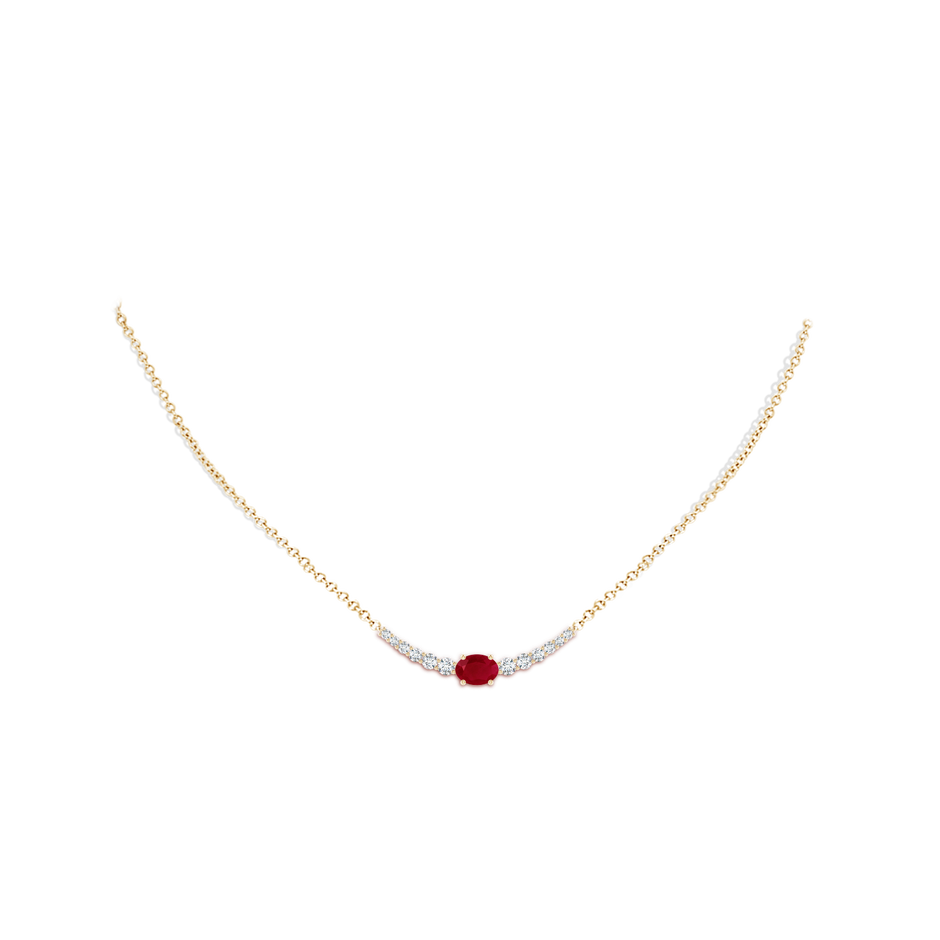 7x5mm AA East-West Oval Ruby Curved Bar Necklace with Diamonds in Yellow Gold body-neck