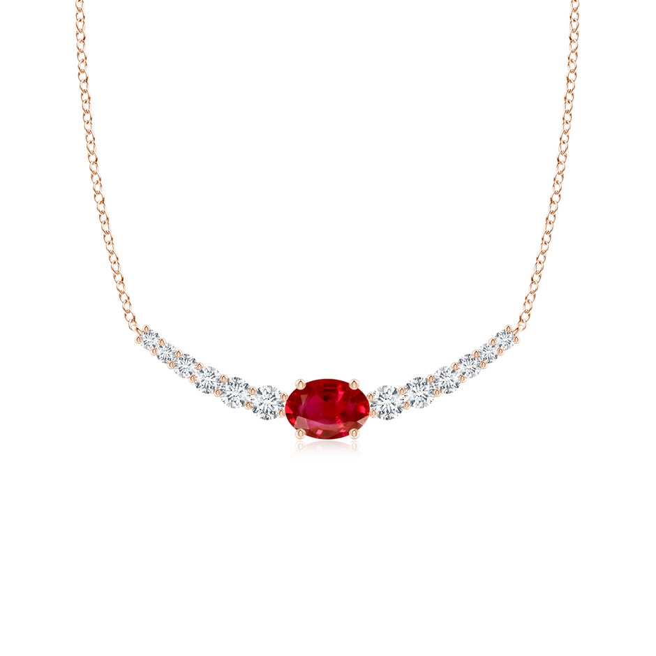 7x5mm AAA East-West Oval Ruby Curved Bar Necklace with Diamonds in Rose Gold 