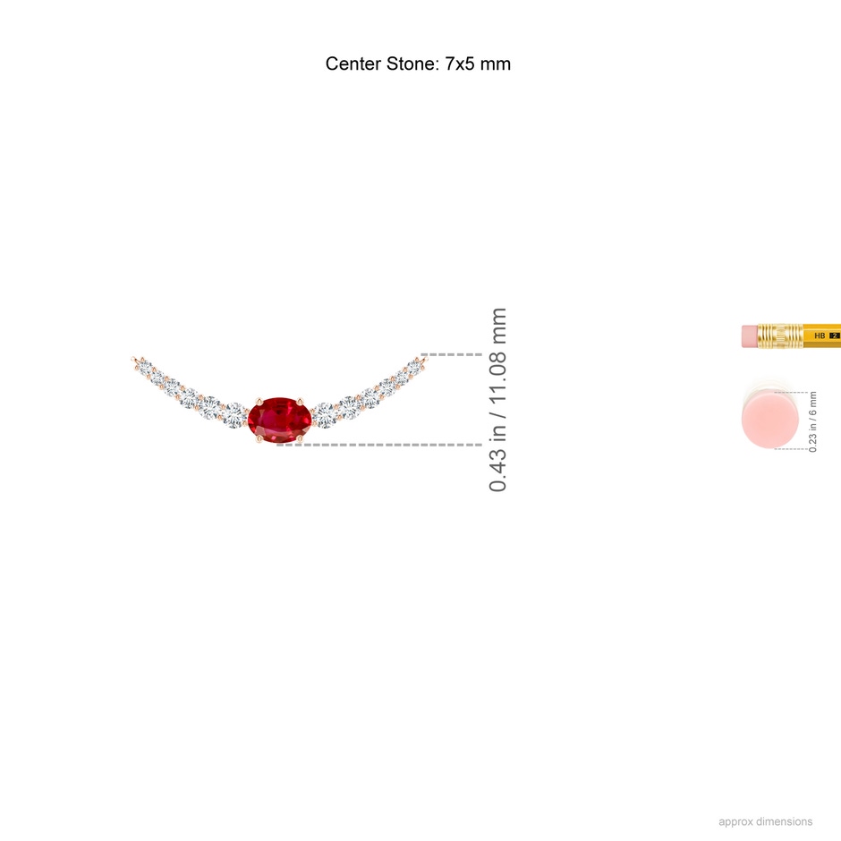 7x5mm AAA East-West Oval Ruby Curved Bar Necklace with Diamonds in Rose Gold ruler