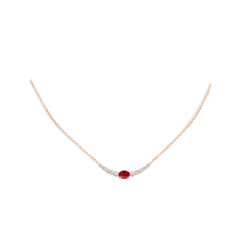 7x5mm AAA East-West Oval Ruby Curved Bar Necklace with Diamonds in Rose Gold body-neck