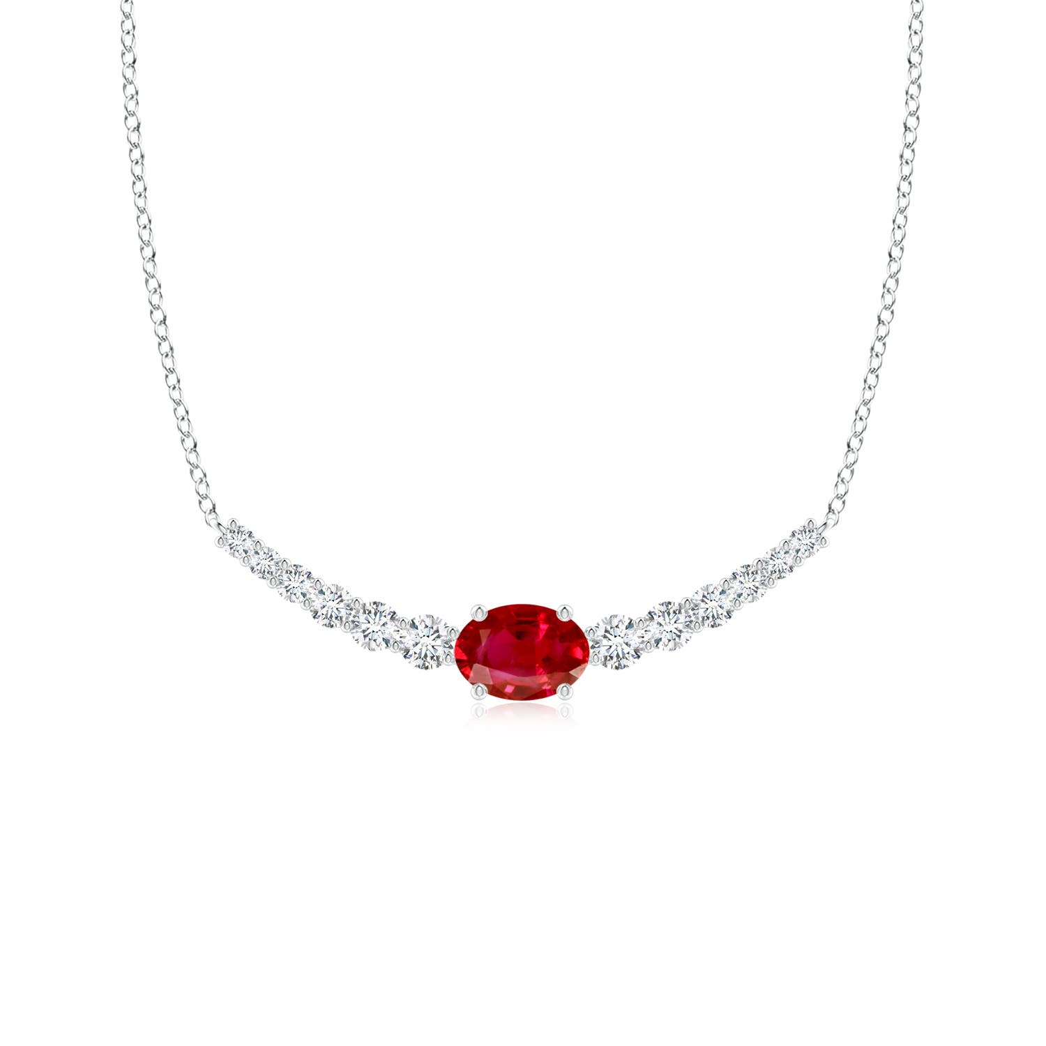 7x5mm AAA East-West Oval Ruby Curved Bar Necklace with Diamonds in White Gold