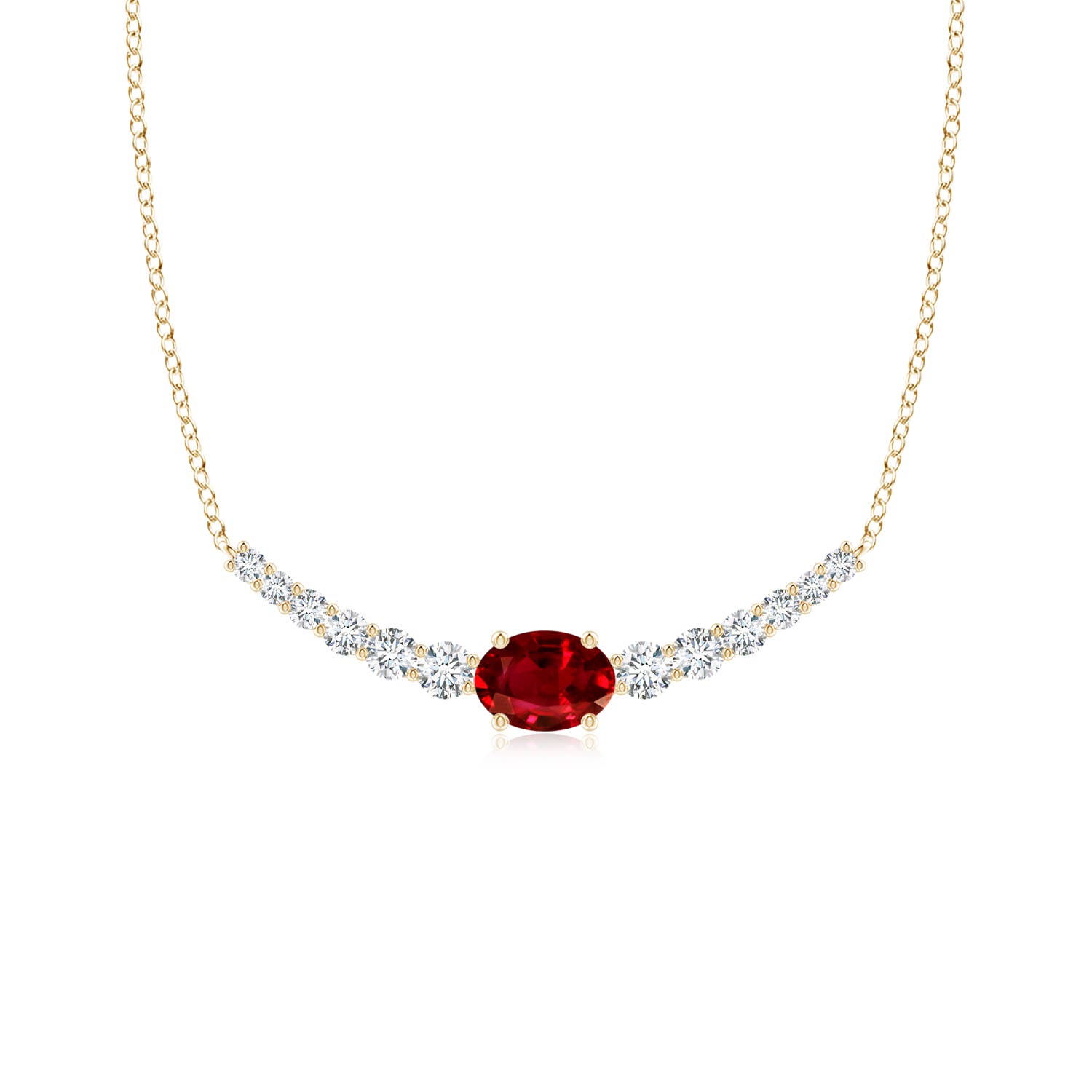 7x5mm AAAA East-West Oval Ruby Curved Bar Necklace with Diamonds in Yellow Gold