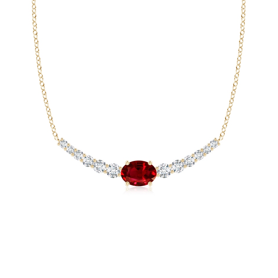 7x5mm AAAA East-West Oval Ruby Curved Bar Necklace with Diamonds in Yellow Gold 