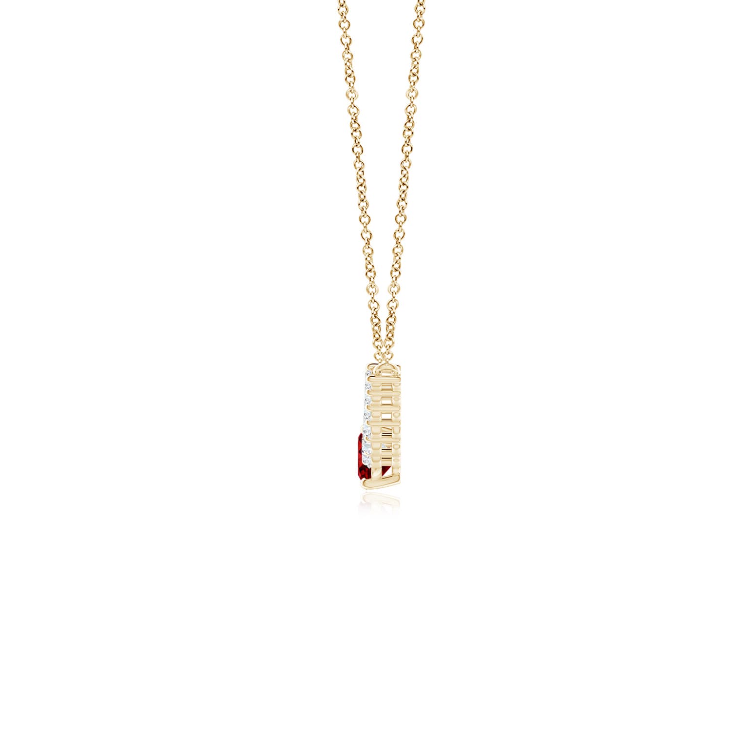 7x5mm AAAA East-West Oval Ruby Curved Bar Necklace with Diamonds in Yellow Gold
