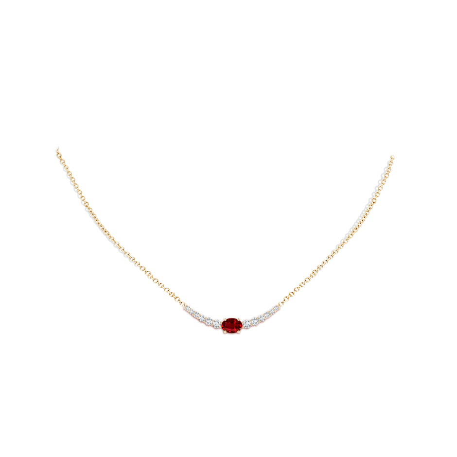 7x5mm AAAA East-West Oval Ruby Curved Bar Necklace with Diamonds in Yellow Gold body-neck