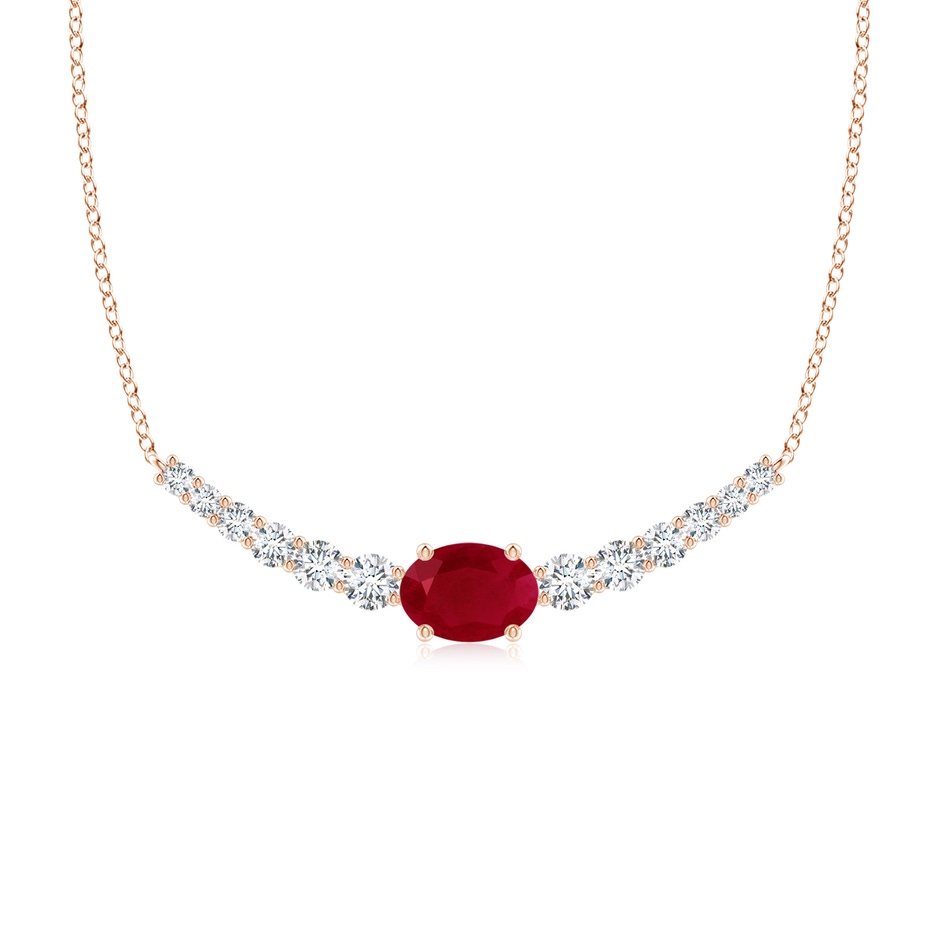 8x6mm AA East-West Oval Ruby Curved Bar Necklace with Diamonds in Rose Gold 