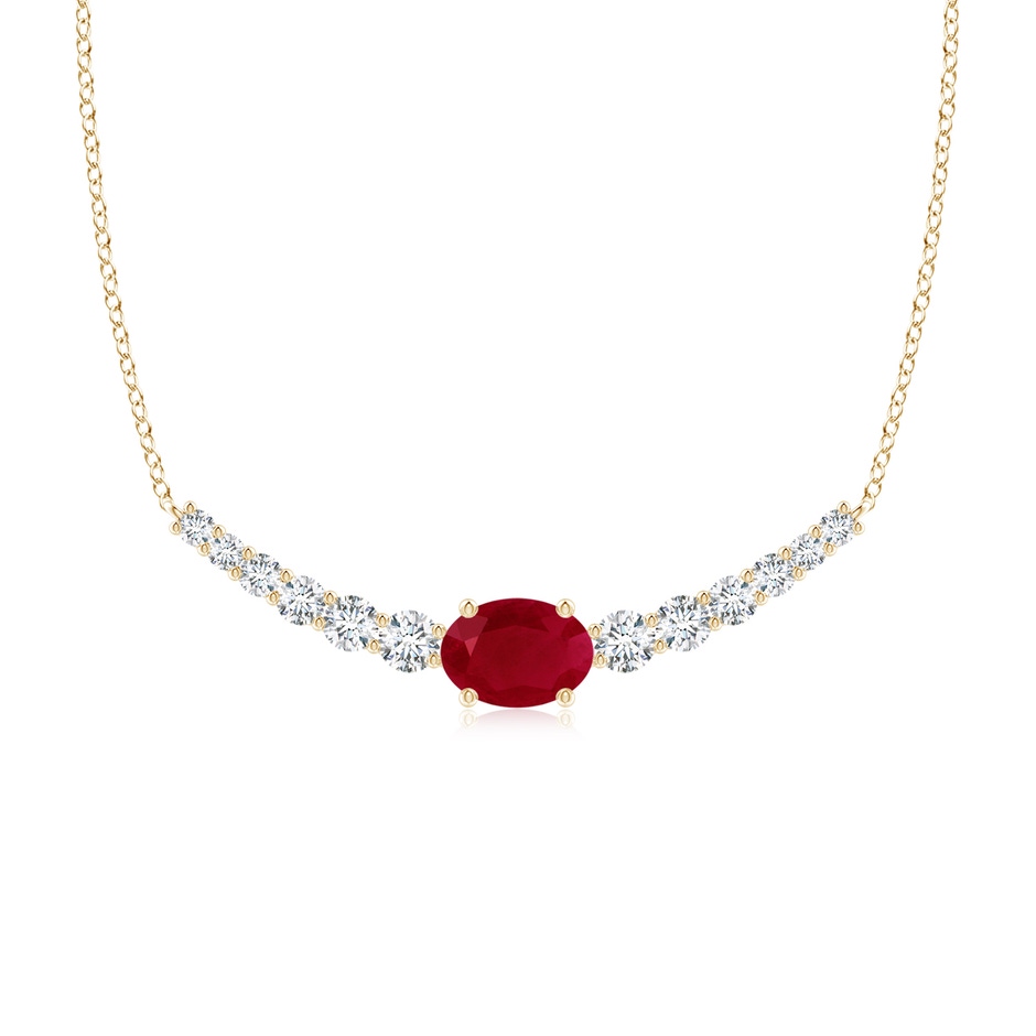 8x6mm AA East-West Oval Ruby Curved Bar Necklace with Diamonds in Yellow Gold 