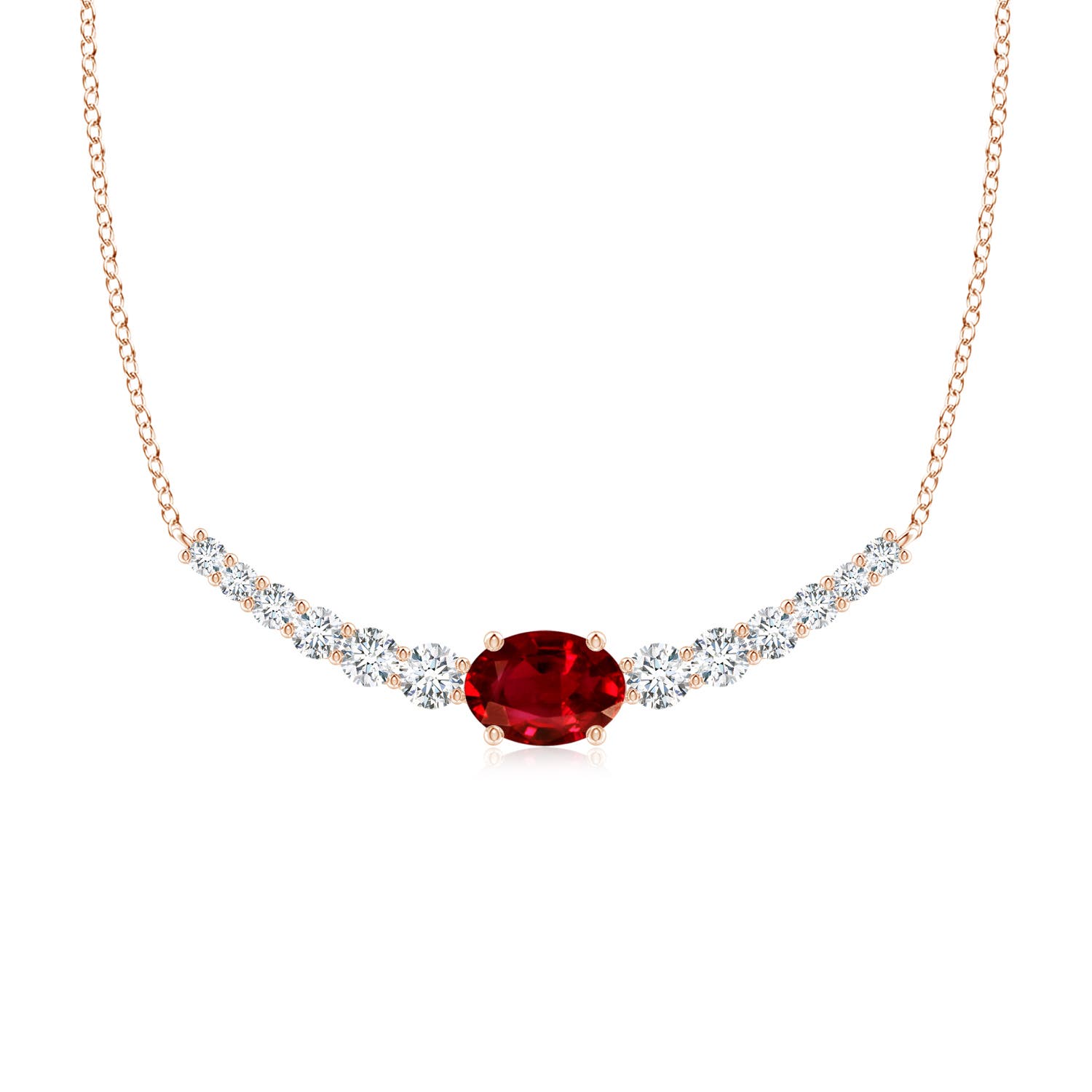 8x6mm AAAA East-West Oval Ruby Curved Bar Necklace with Diamonds in Rose Gold