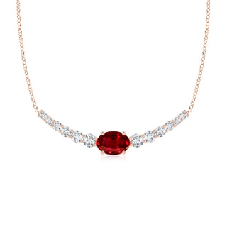 8x6mm AAAA East-West Oval Ruby Curved Bar Necklace with Diamonds in Rose Gold