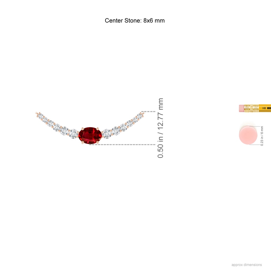 8x6mm AAAA East-West Oval Ruby Curved Bar Necklace with Diamonds in Rose Gold ruler