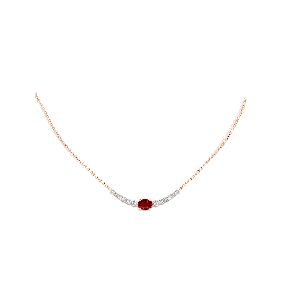 8x6mm AAAA East-West Oval Ruby Curved Bar Necklace with Diamonds in Rose Gold body-neck