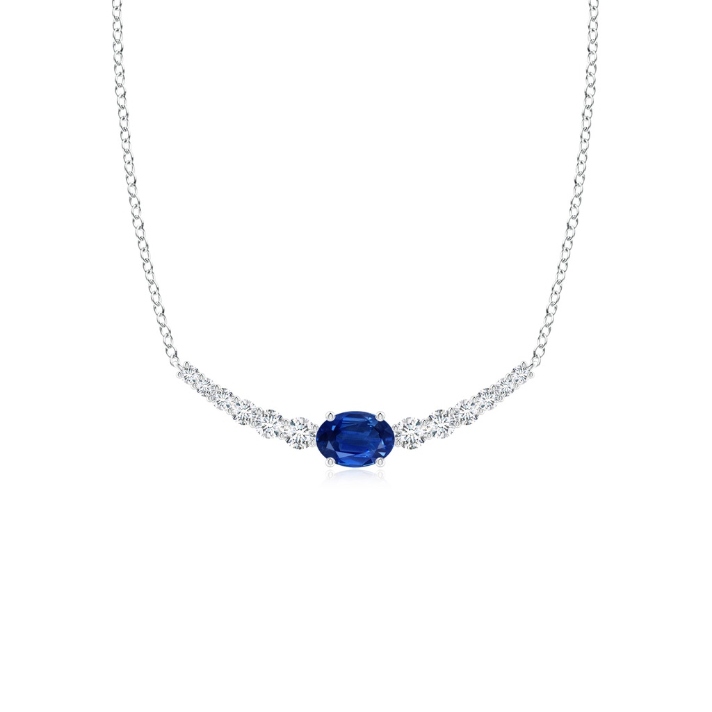 6x4mm AAA East-West Oval Sapphire Curved Bar Necklace with Diamonds in White Gold