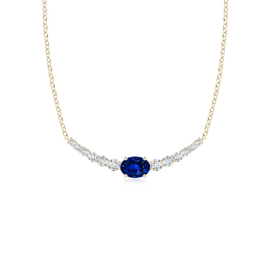 6x4mm AAAA East-West Oval Sapphire Curved Bar Necklace with Diamonds in Yellow Gold