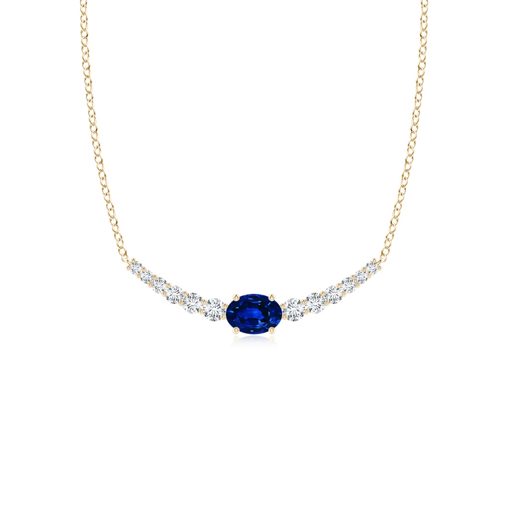 6x4mm AAAA East-West Oval Sapphire Curved Bar Necklace with Diamonds in Yellow Gold