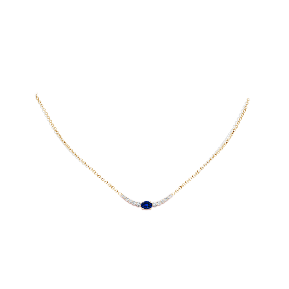 6x4mm AAAA East-West Oval Sapphire Curved Bar Necklace with Diamonds in Yellow Gold body-neck