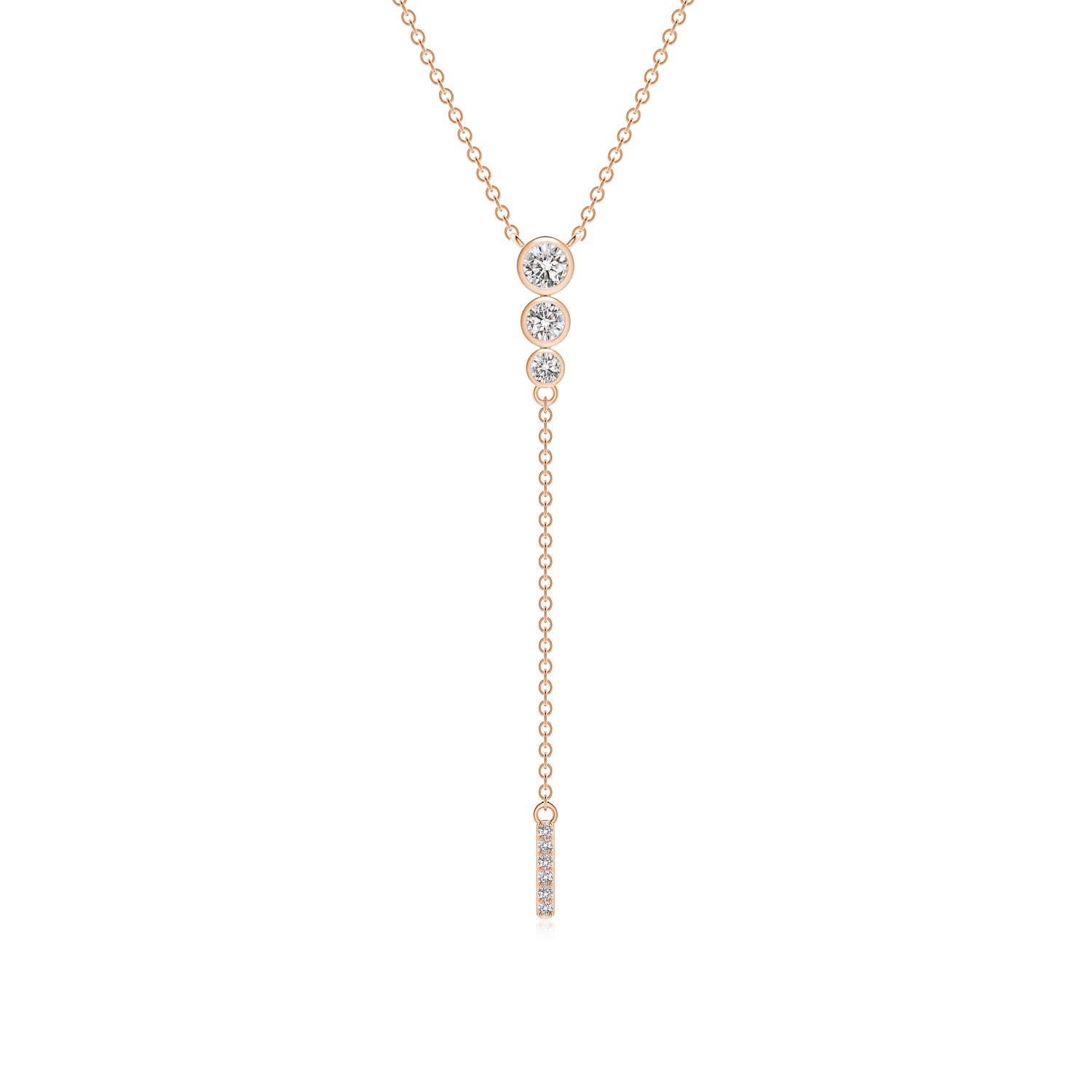 3.1mm IJI1I2 Three Stone Graduated Bezel-Set Diamond Lariat Necklace in 18K Rose Gold