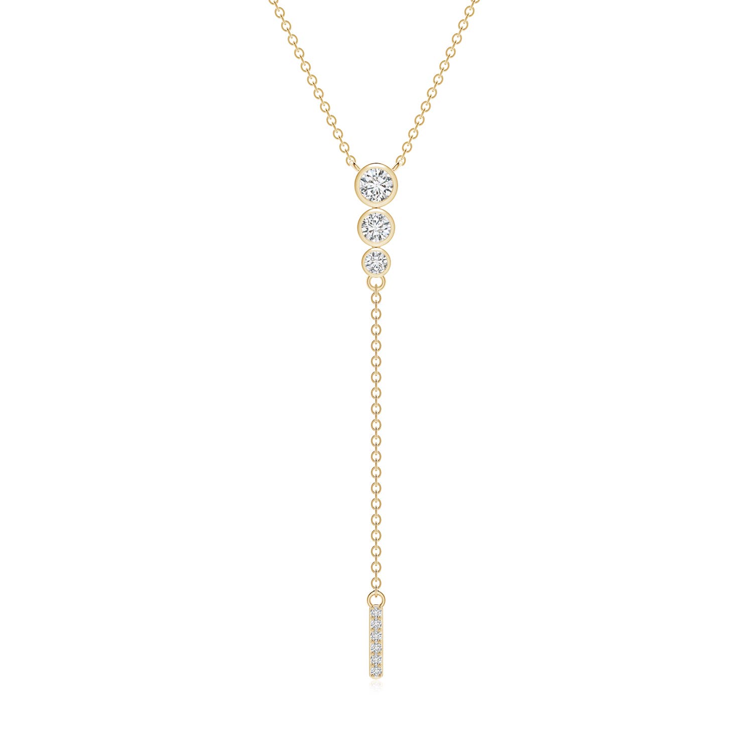 3.4mm HSI2 Three Stone Graduated Bezel-Set Diamond Lariat Necklace in 18K Yellow Gold