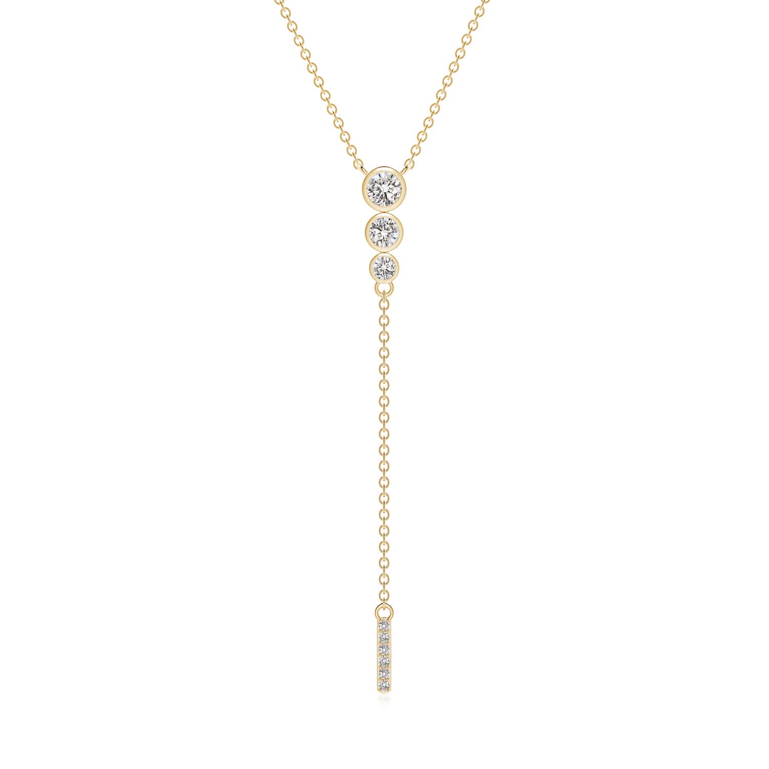 3.4mm IJI1I2 Three Stone Graduated Bezel-Set Diamond Lariat Necklace in 18K Yellow Gold
