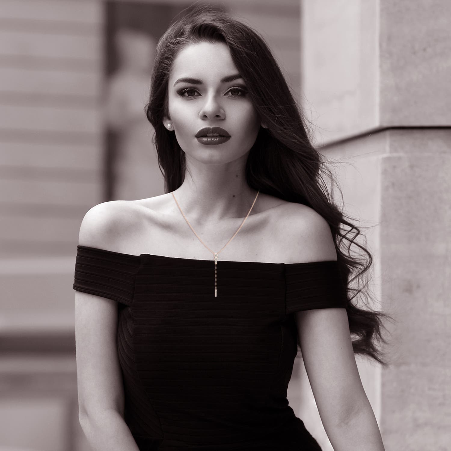 3.4mm KI3 Three Stone Graduated Bezel-Set Diamond Lariat Necklace in Rose Gold - body_view 5