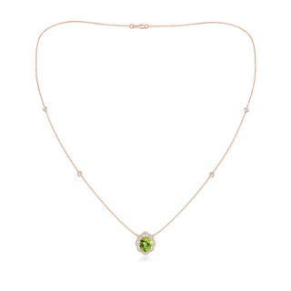 9x7mm AAA Vintage Inspired Oval Peridot Halo Leo Station Necklace in 10K Rose Gold