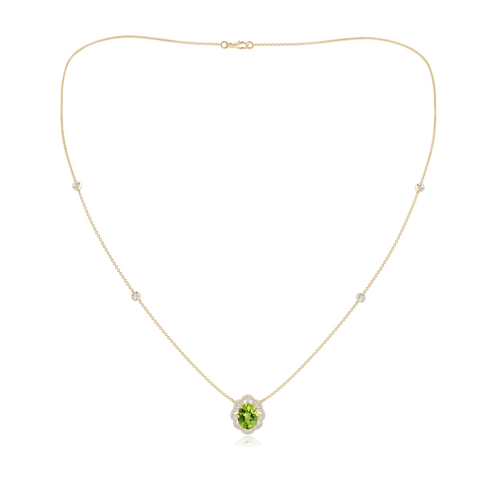 9x7mm AAA Vintage Inspired Oval Peridot Halo Leo Station Necklace in 9K Yellow Gold