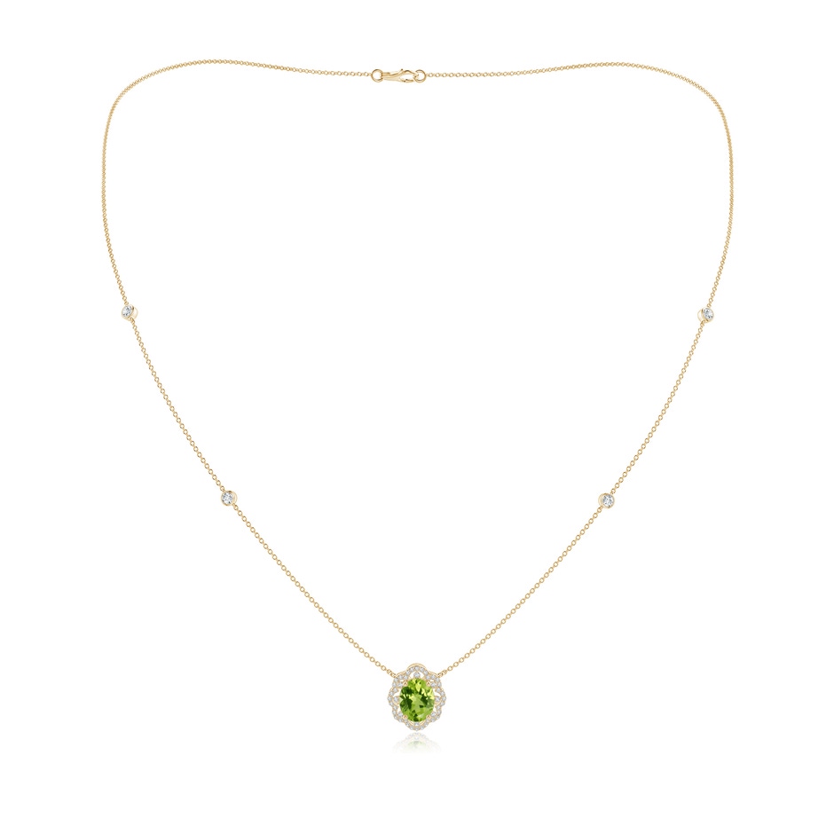 9x7mm AAA Vintage Inspired Oval Peridot Halo Leo Station Necklace in 9K Yellow Gold 