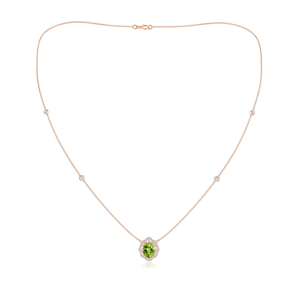 9x7mm AAA Vintage Inspired Oval Peridot Halo Leo Station Necklace in Rose Gold