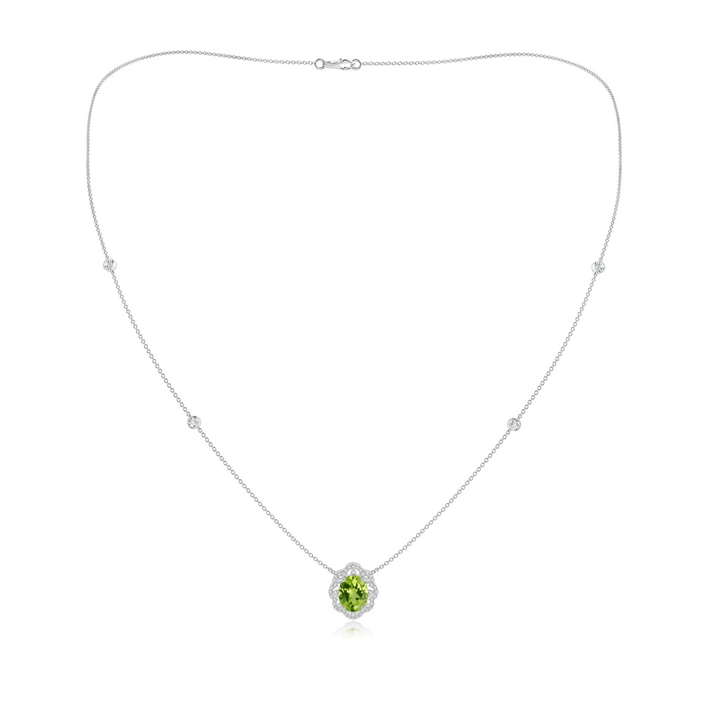 9x7mm AAA Vintage Inspired Oval Peridot Halo Leo Station Necklace in White Gold