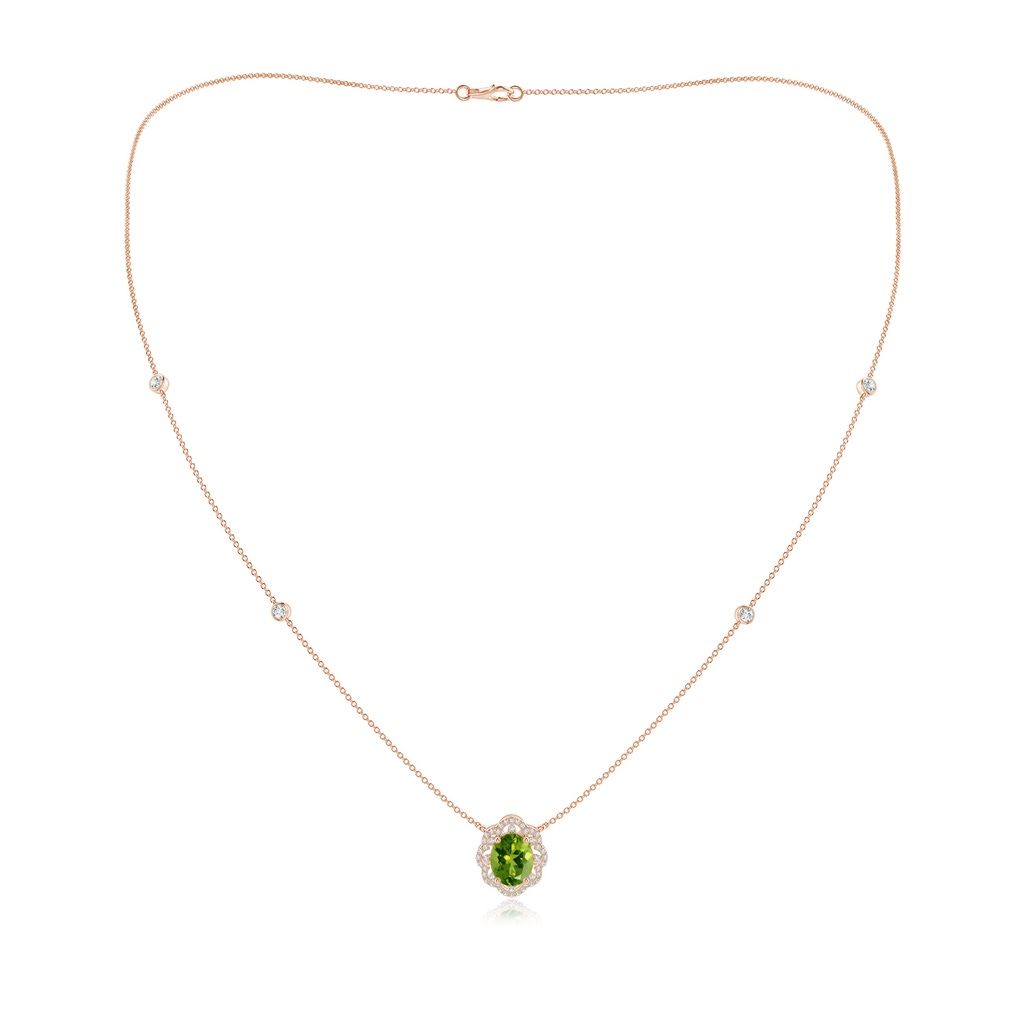 9x7mm AAAA Vintage Inspired Oval Peridot Halo Leo Station Necklace in Rose Gold