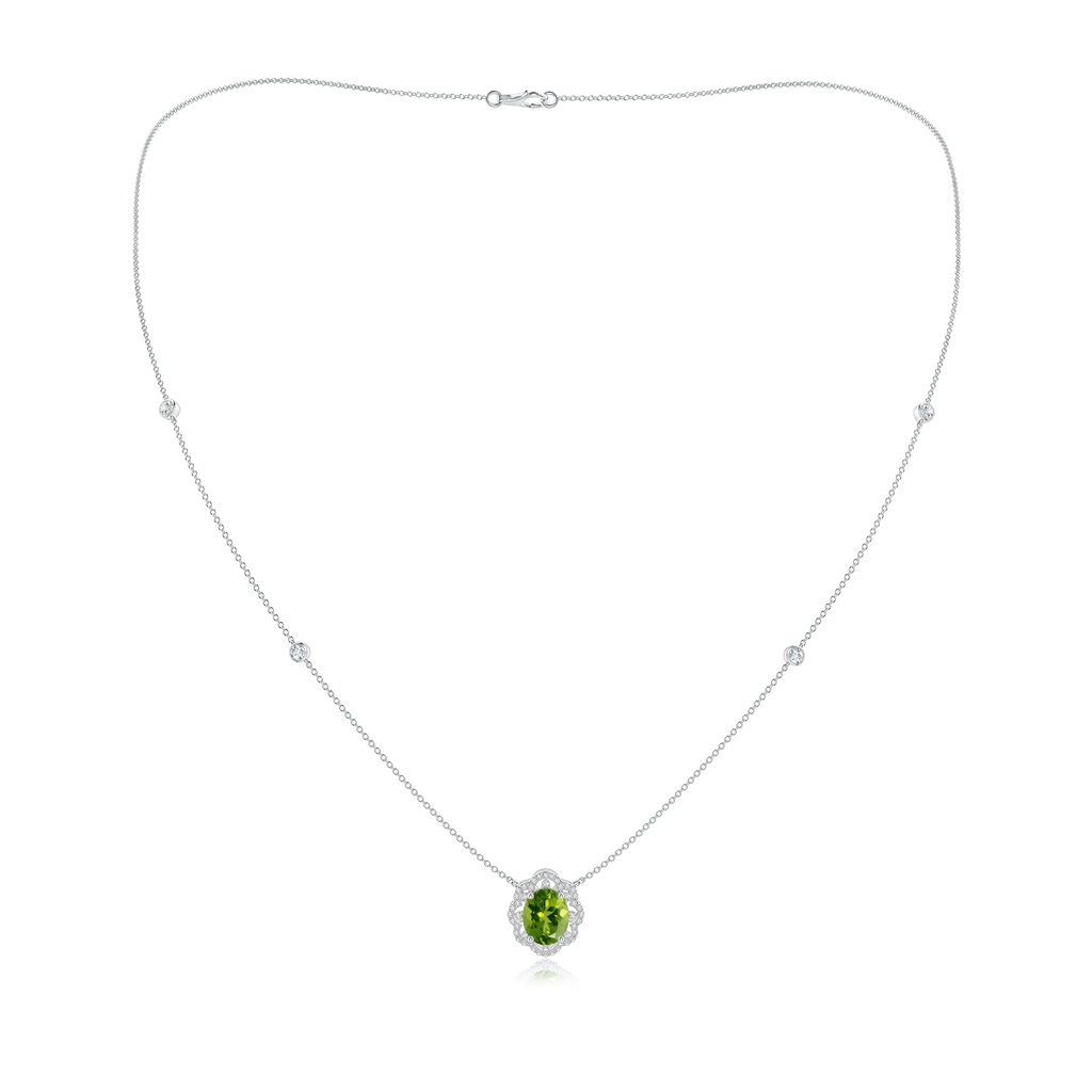 9x7mm AAAA Vintage Inspired Oval Peridot Halo Leo Station Necklace in White Gold