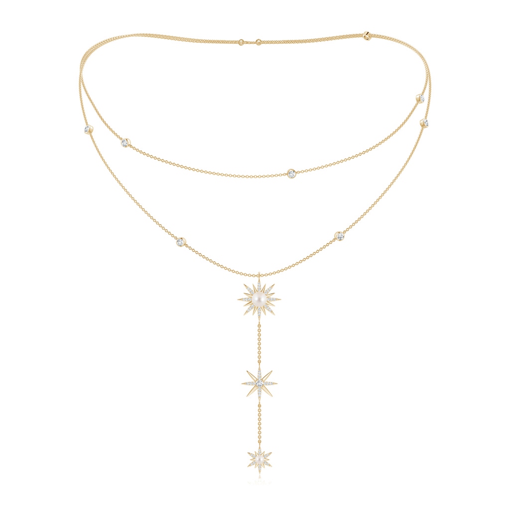 5mm AAAA Starburst Freshwater Pearl and Diamond Gemini Lariat Necklace in Yellow Gold Side-1