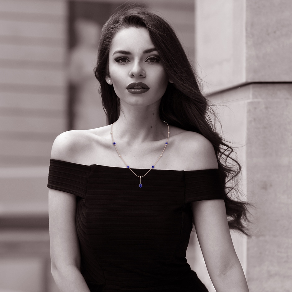 7x5mm AAAA Multi-Shape Tanzanite Sagittarius Station Linear Necklace in Rose Gold body-neck