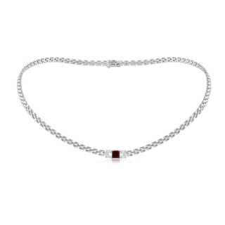 5mm AAA Square Garnet & Baguette Diamond Rectangle Link Necklace in P950 Platinum