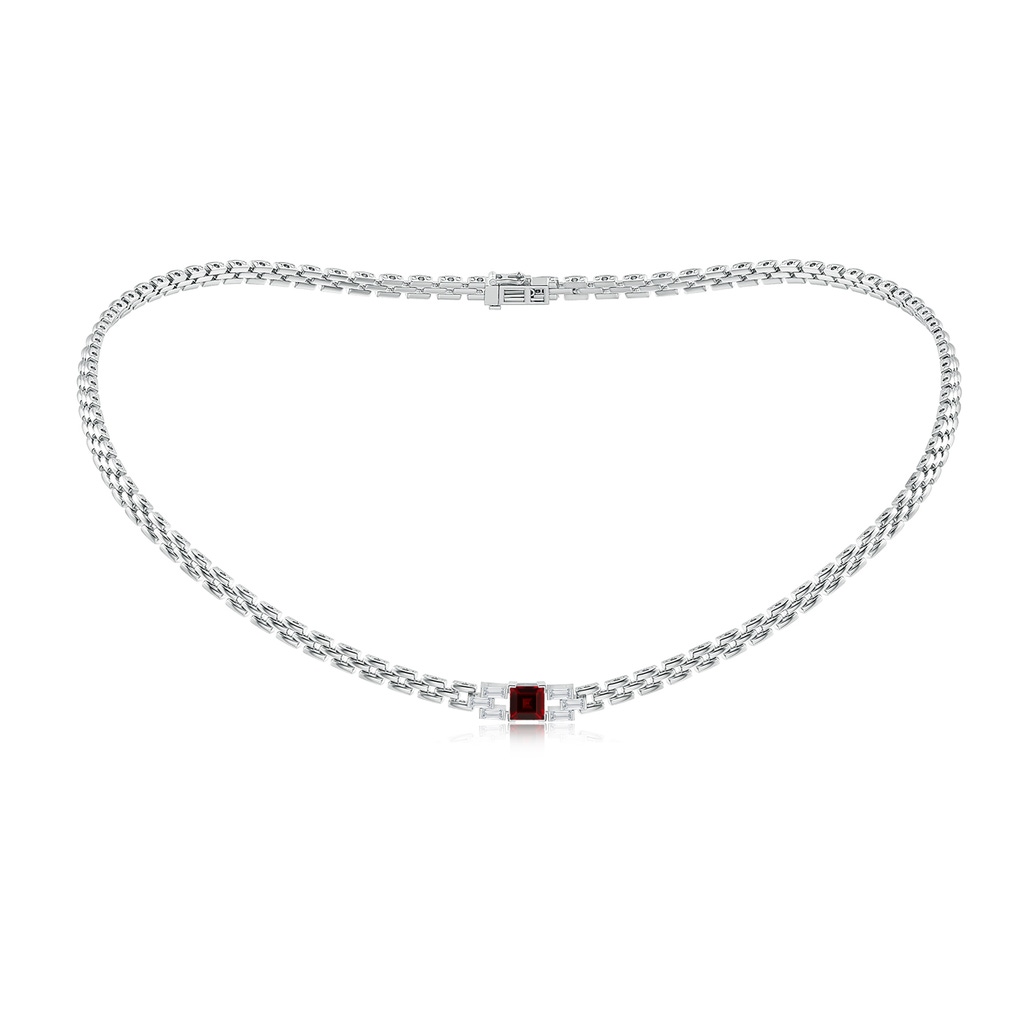 5mm AAA Square Garnet & Baguette Diamond Rectangle Link Necklace in White Gold