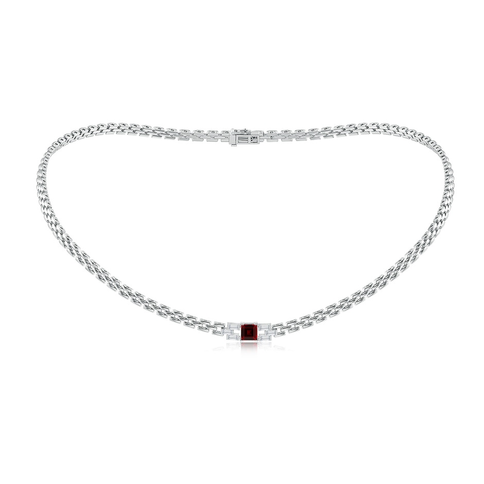 5mm AAA Square Garnet & Baguette Diamond Rectangle Link Necklace in White Gold 