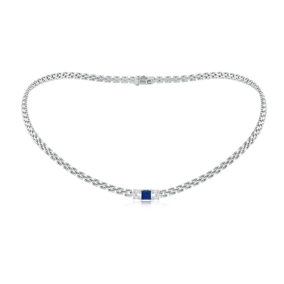 5mm AAA Square Sapphire & Baguette Diamond Rectangle Link Necklace in White Gold 