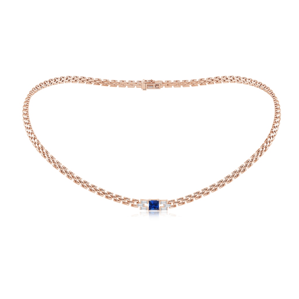 5mm AAAA Square Sapphire & Baguette Diamond Rectangle Link Necklace in Rose Gold